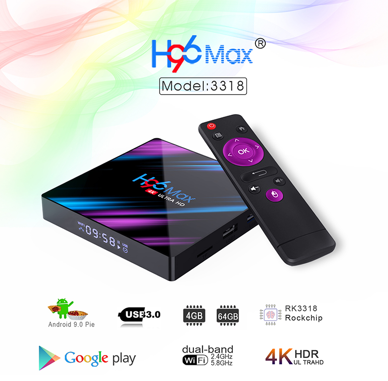 Set-Top-TV-Box-4G-DDR3-USB-30-Bluetooth-40-Android-90-9-OS-4K-4096x2160-H96-Smar